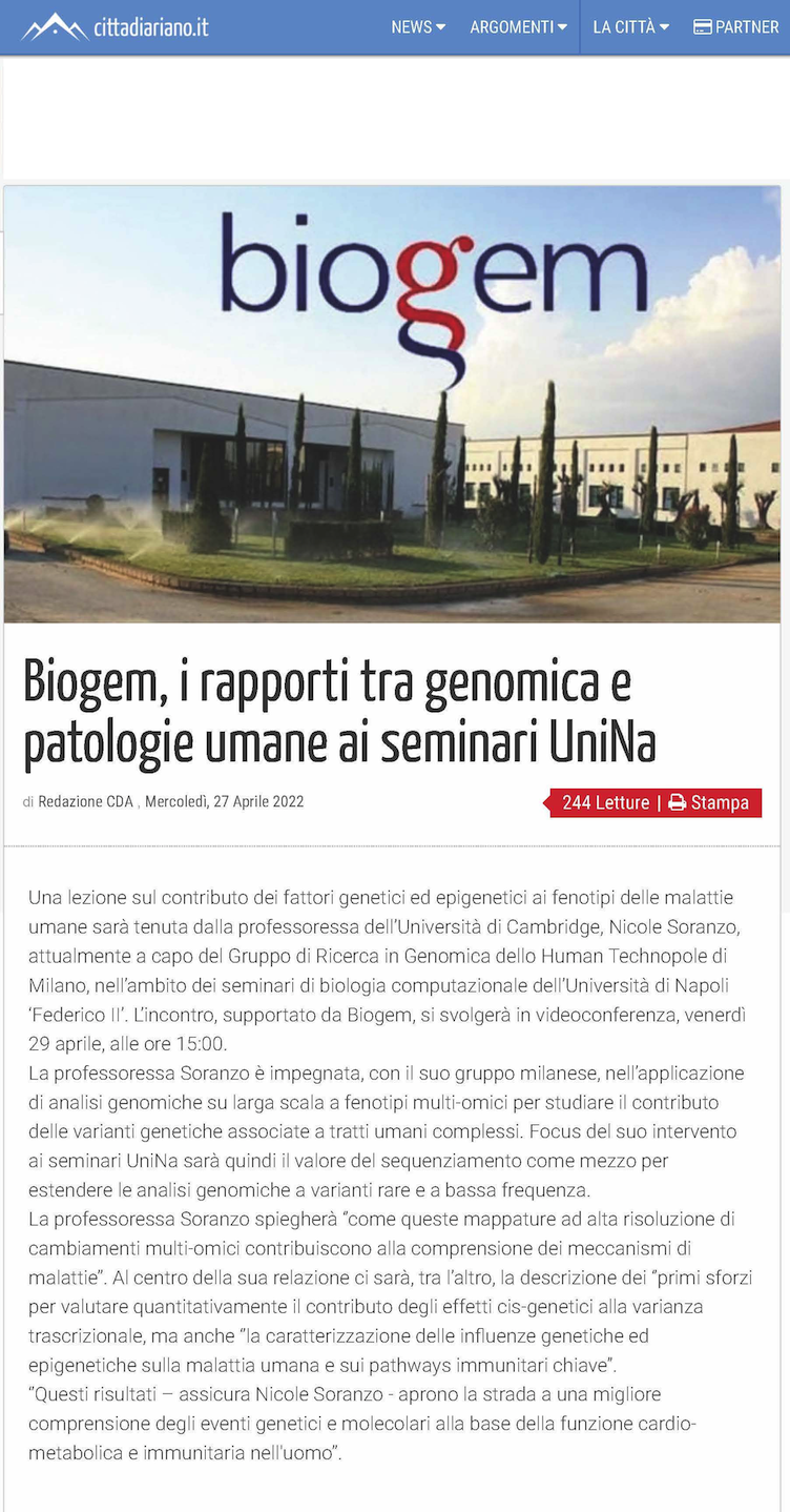 Biogem, i rapporti tra genomica e patologie umane ai seminari UniNa